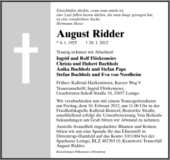 Anzeige  August Ridder  Lippische Landes-Zeitung