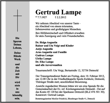 Anzeige  Gertrud Lampe  Lippische Landes-Zeitung