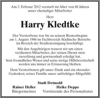 Anzeige  Harry Kledtke  Lippische Landes-Zeitung