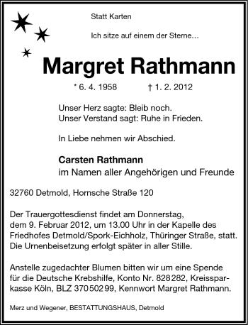 Anzeige  Margret Rathmann  Lippische Landes-Zeitung