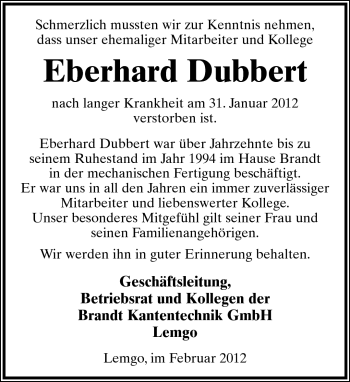 Anzeige  Eberhard Dubbert  Lippische Landes-Zeitung