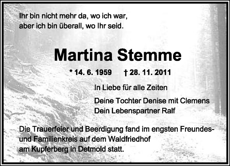 Traueranzeige für Martina Stemme vom 04.02.2012 aus Lippische Landes-Zeitung