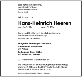 Anzeige  Hans-Heinrich Heeren  Lippische Landes-Zeitung