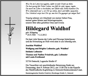 Anzeige  Hildegard Waldhof  Lippische Landes-Zeitung
