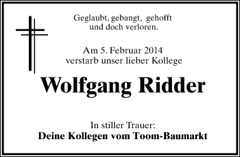 Anzeige  Wolfgang Ridder  Lippische Landes-Zeitung