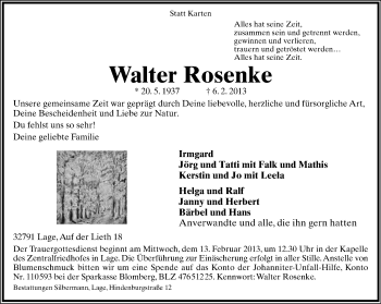 Anzeige  Walter Rosenke  Lippische Landes-Zeitung