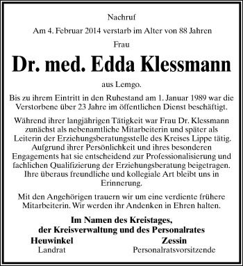 Anzeige  Edda Klessmann  Lippische Landes-Zeitung