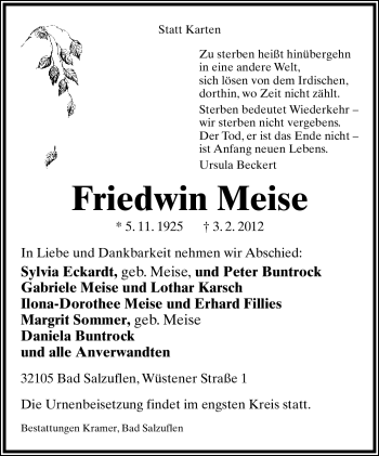 Anzeige  Friedwin Meise  Lippische Landes-Zeitung