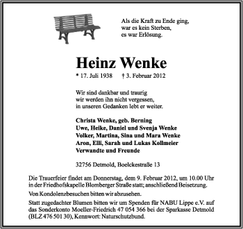 Anzeige  Heinz Wenke  Lippische Landes-Zeitung