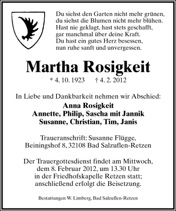 Anzeige  Martha Rosigkeit  Lippische Landes-Zeitung