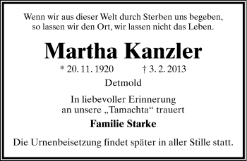 Anzeige  Martha Kanzler  Lippische Landes-Zeitung