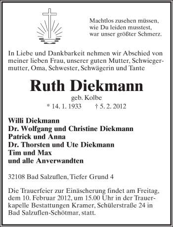 Anzeige  Ruth Diekmann  Lippische Landes-Zeitung