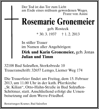 Anzeige  Rosemarie Gronemeier  Lippische Landes-Zeitung