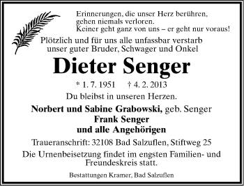 Anzeige  Dieter Senger  Lippische Landes-Zeitung