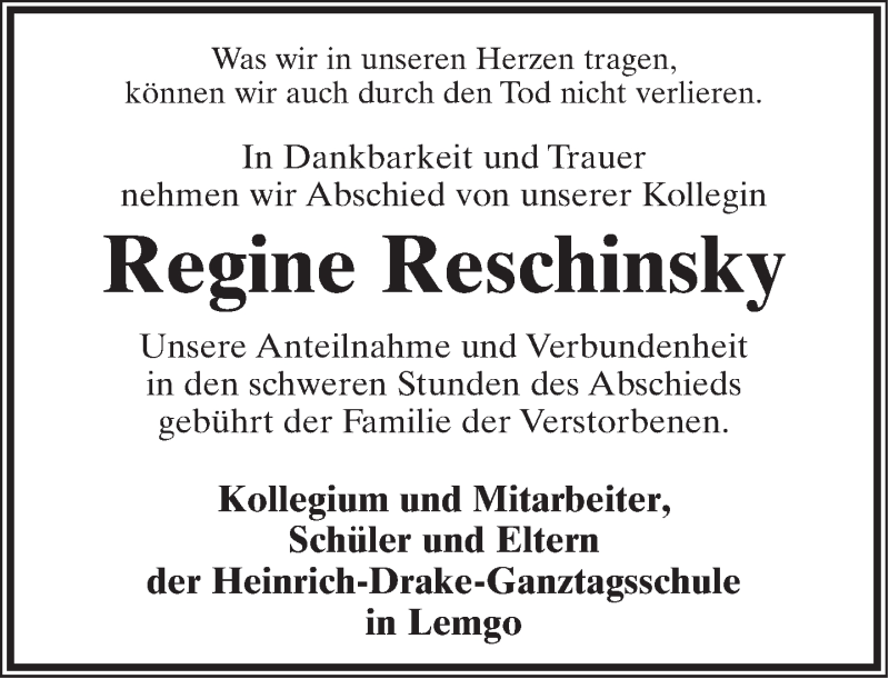  Traueranzeige für Regine Reschinsky vom 09.02.2013 aus Lippische Landes-Zeitung