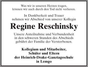 Anzeige  Regine Reschinsky  Lippische Landes-Zeitung