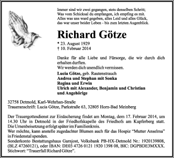 Anzeige  Richard Götze  Lippische Landes-Zeitung