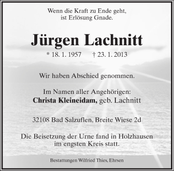 Anzeige  Jürgen Lachnitt  Lippische Landes-Zeitung