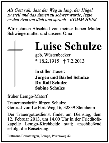 Anzeige  Luise Schulze  Lippische Landes-Zeitung