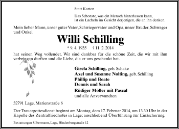 Anzeige  Willi Schilling  Lippische Landes-Zeitung