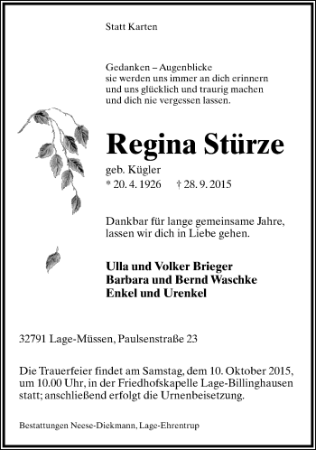 Anzeige  Regina Stürze  Lippische Landes-Zeitung
