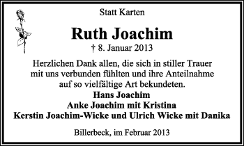 Anzeige  Ruth Joachim  Lippische Landes-Zeitung