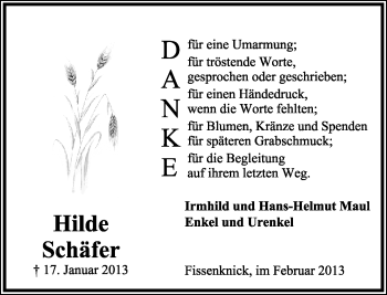 Anzeige  Hilde Schäfer  Lippische Landes-Zeitung