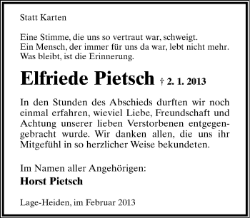 Anzeige  Elfriede Pietsch  Lippische Landes-Zeitung