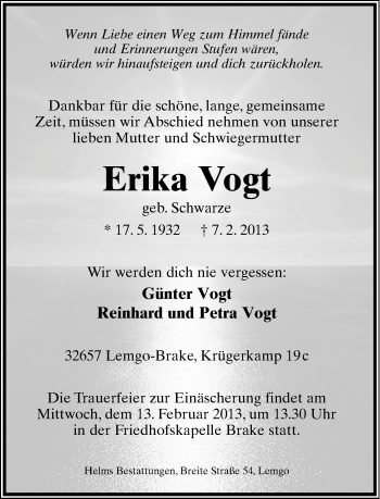 Anzeige  Erika Vogt  Lippische Landes-Zeitung