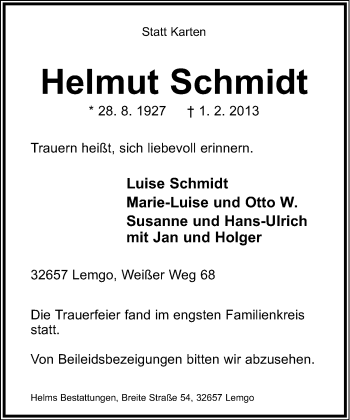 Anzeige  Helmut Schmidt  Lippische Landes-Zeitung
