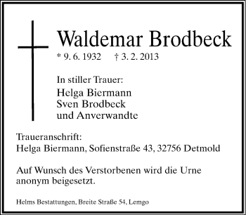 Anzeige  Waldemar Brodbeck  Lippische Landes-Zeitung