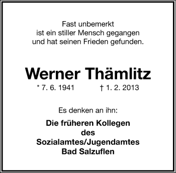 Anzeige  Werner Thämlitz  Lippische Landes-Zeitung