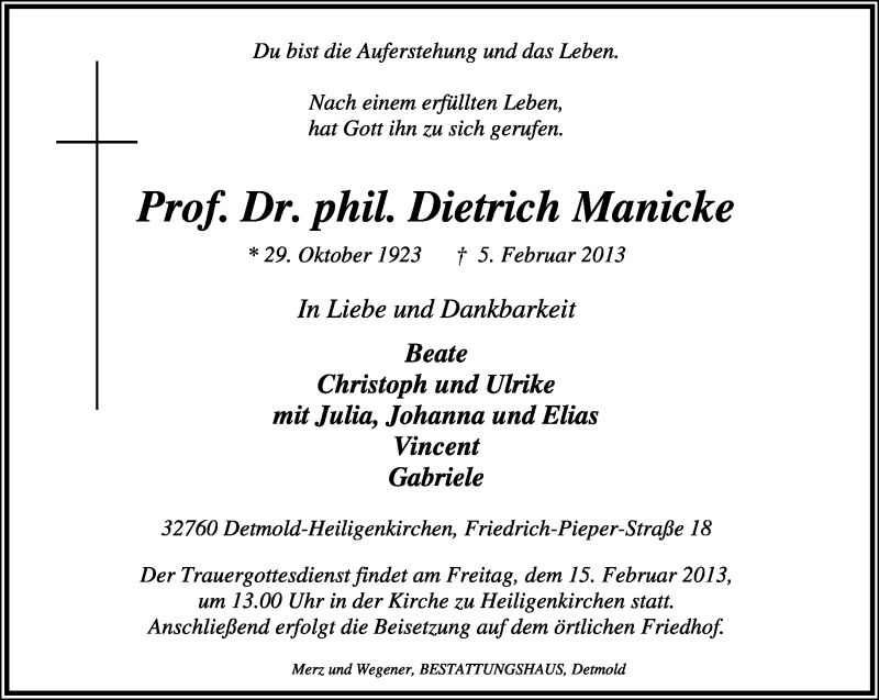  Traueranzeige für Dietrich Manicke vom 09.02.2013 aus Lippische Landes-Zeitung