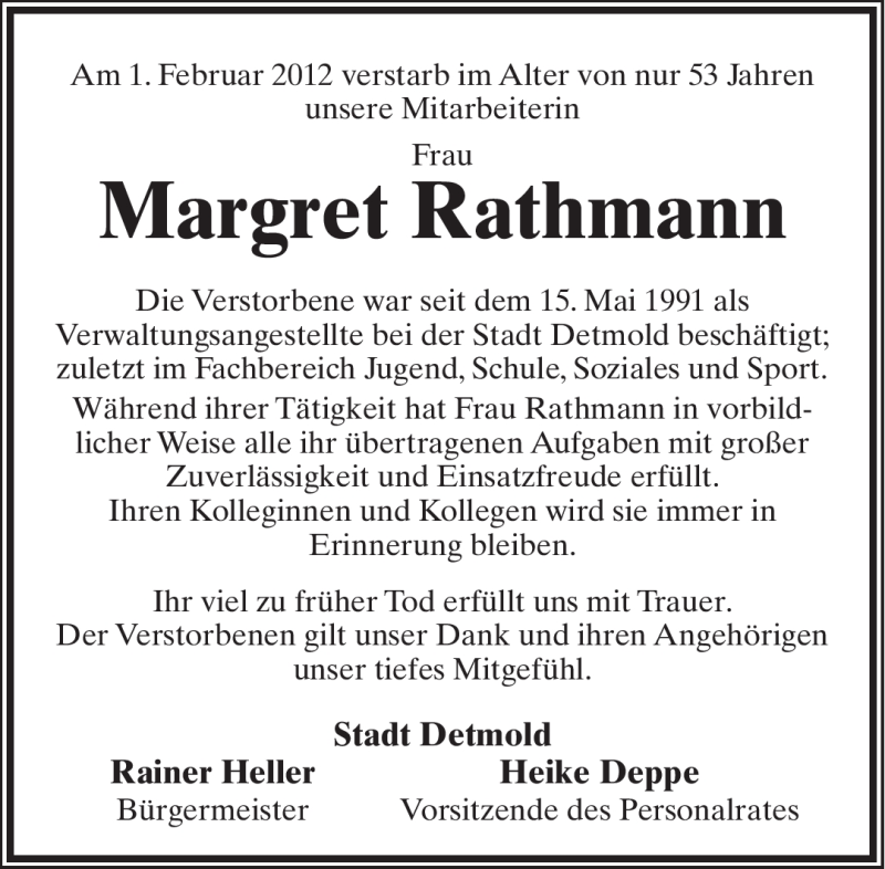  Traueranzeige für Margret Rathmann vom 07.02.2012 aus Lippische Landes-Zeitung