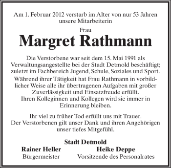 Anzeige  Margret Rathmann  Lippische Landes-Zeitung