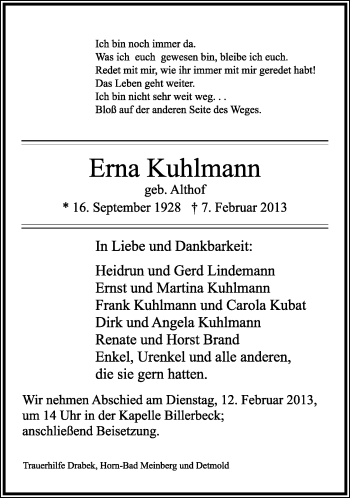 Anzeige  Erna Kuhlmann  Lippische Landes-Zeitung