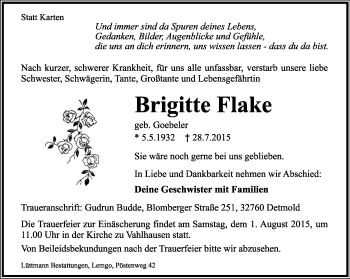 Anzeige  Brigitte Flake  Lippische Landes-Zeitung