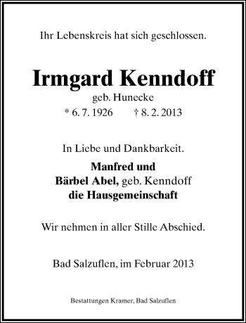 Anzeige  Irmgard Kenndoff  Lippische Landes-Zeitung