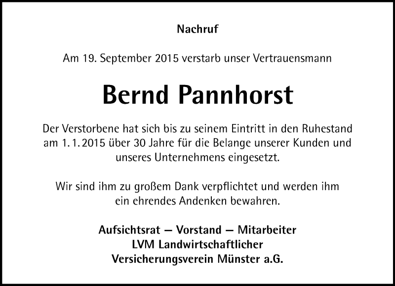  Traueranzeige für Bernd Pannhorst vom 28.09.2015 aus Lippische Landes-Zeitung