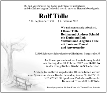 Anzeige  Rolf Tölle  Lippische Landes-Zeitung