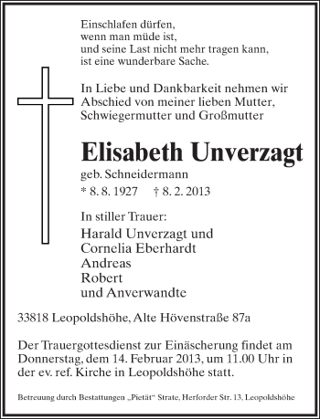 Anzeige  Elisabeth Unverzagt  Lippische Landes-Zeitung