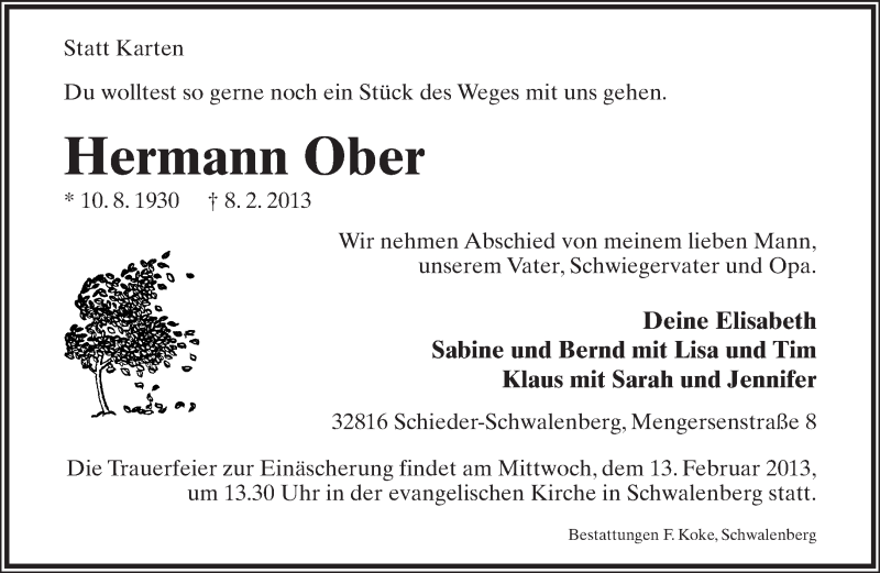  Traueranzeige für Hermann Ober vom 11.02.2013 aus Lippische Landes-Zeitung