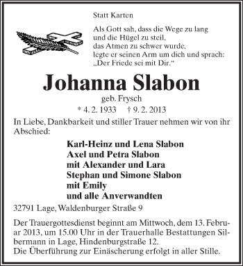 Anzeige  Johanna Slabon  Lippische Landes-Zeitung