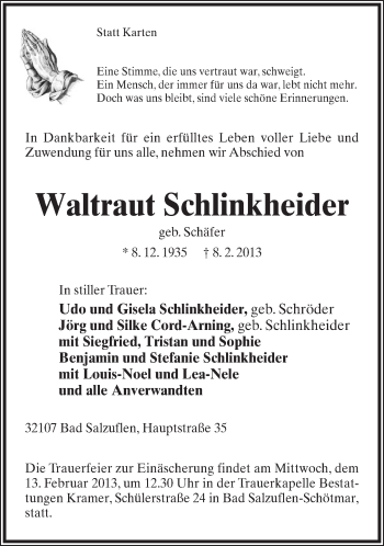 Anzeige  Waltraut Schlinkheider  Lippische Landes-Zeitung