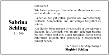 Anzeige  Sabrina Schling  Lippische Landes-Zeitung