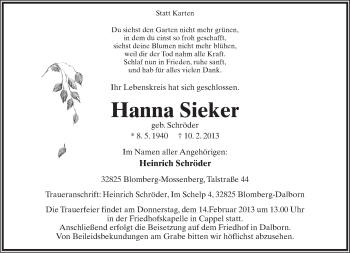 Anzeige  Hanna Sieker  Lippische Landes-Zeitung