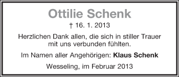 Anzeige  Ottilie Schenk  Lippische Landes-Zeitung