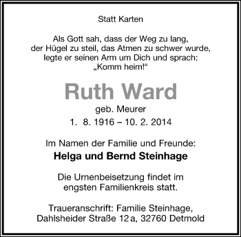 Anzeige  Ruth Ward  Lippische Landes-Zeitung