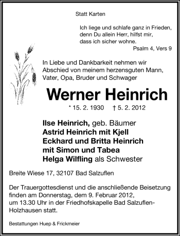 Anzeige  Werner Heinrich  Lippische Landes-Zeitung
