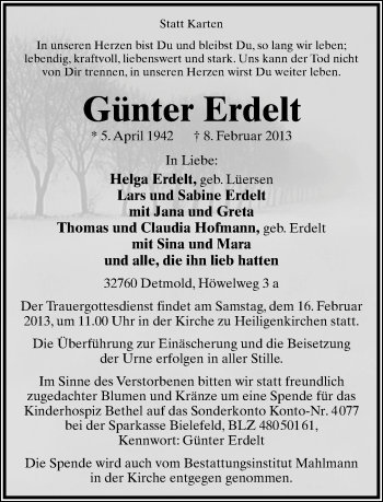 Anzeige  Günter Erdelt  Lippische Landes-Zeitung